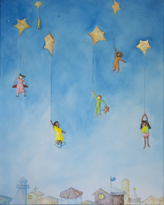 Dreamers - A painting of children drifting above the earth as they hold to star-shaped balloons.