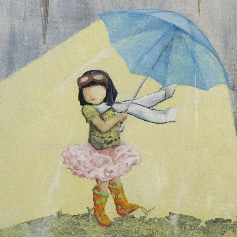 The Sunshine Kid - A painting of a little girl defying the rain by opening sunshine out of her umbrella.