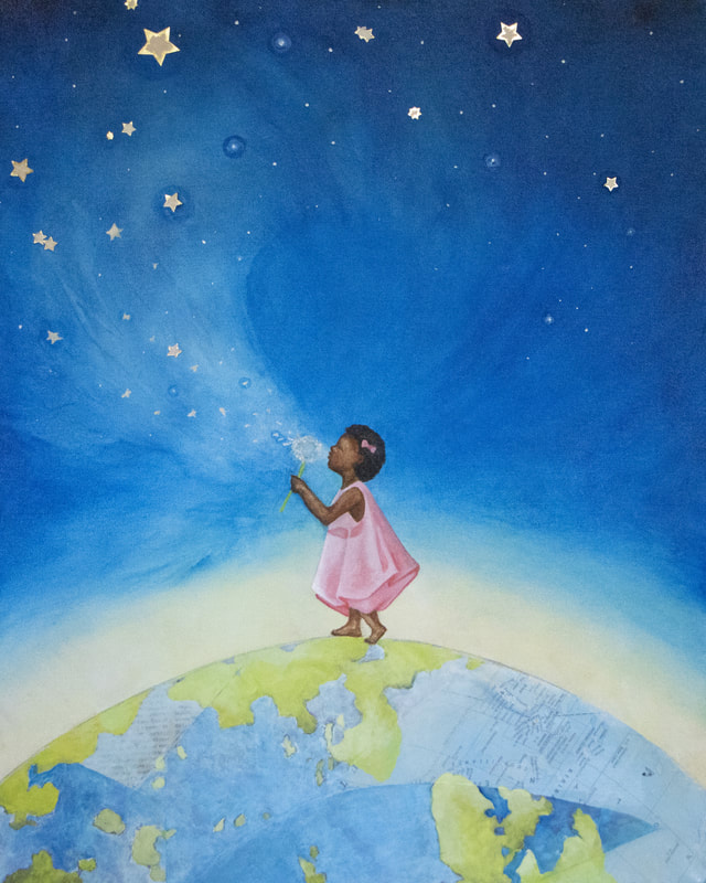 Wishmaker - A painting of a little girl blowing dandelion clocks into the sky where they become stars.